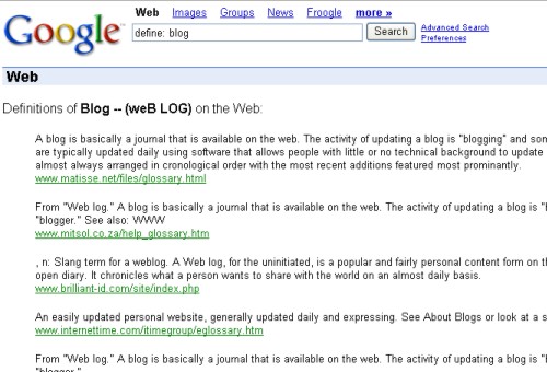 Náhled výsledků z Google - define: blog